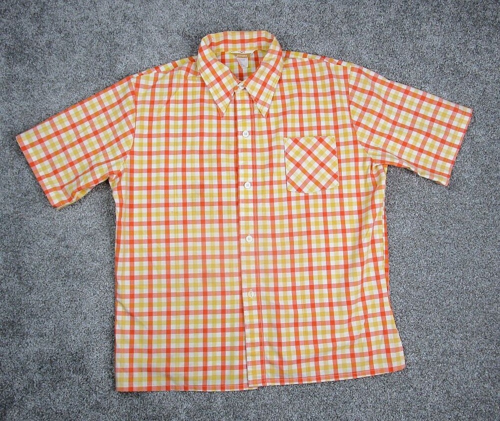 Vintage Jantzen Shirt Men X-Large Orange Yellow Checked 1970s Disco Made in USA
